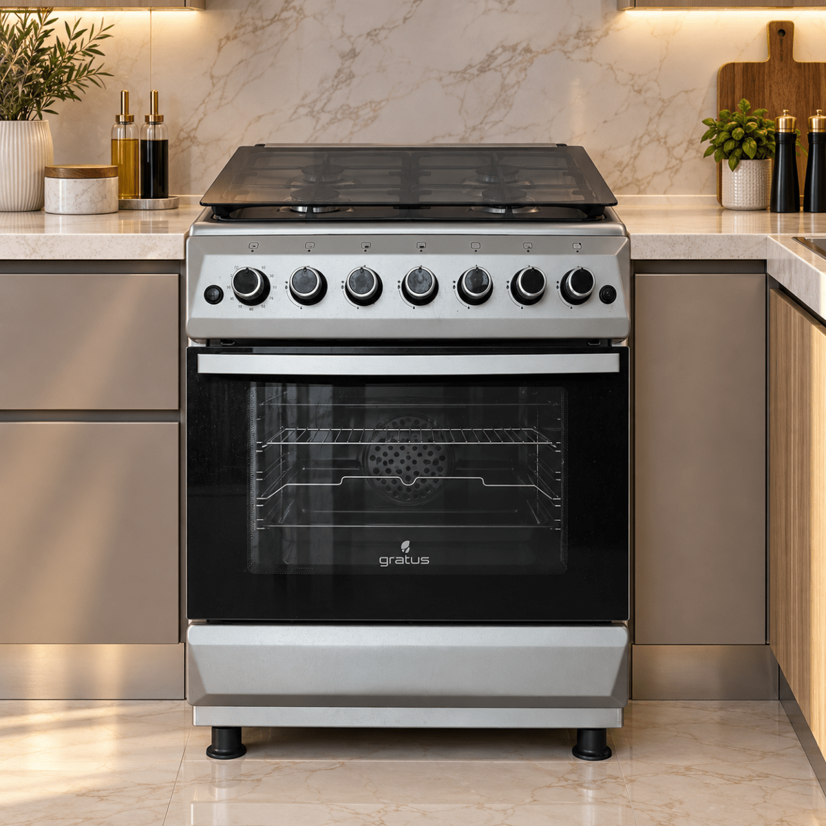 Gratus FCR604KTSS1 60 × 60 cm 4-Burner Full Gas Cooker with 64L Oven – Stainless Steel - Al Thahani Furniture