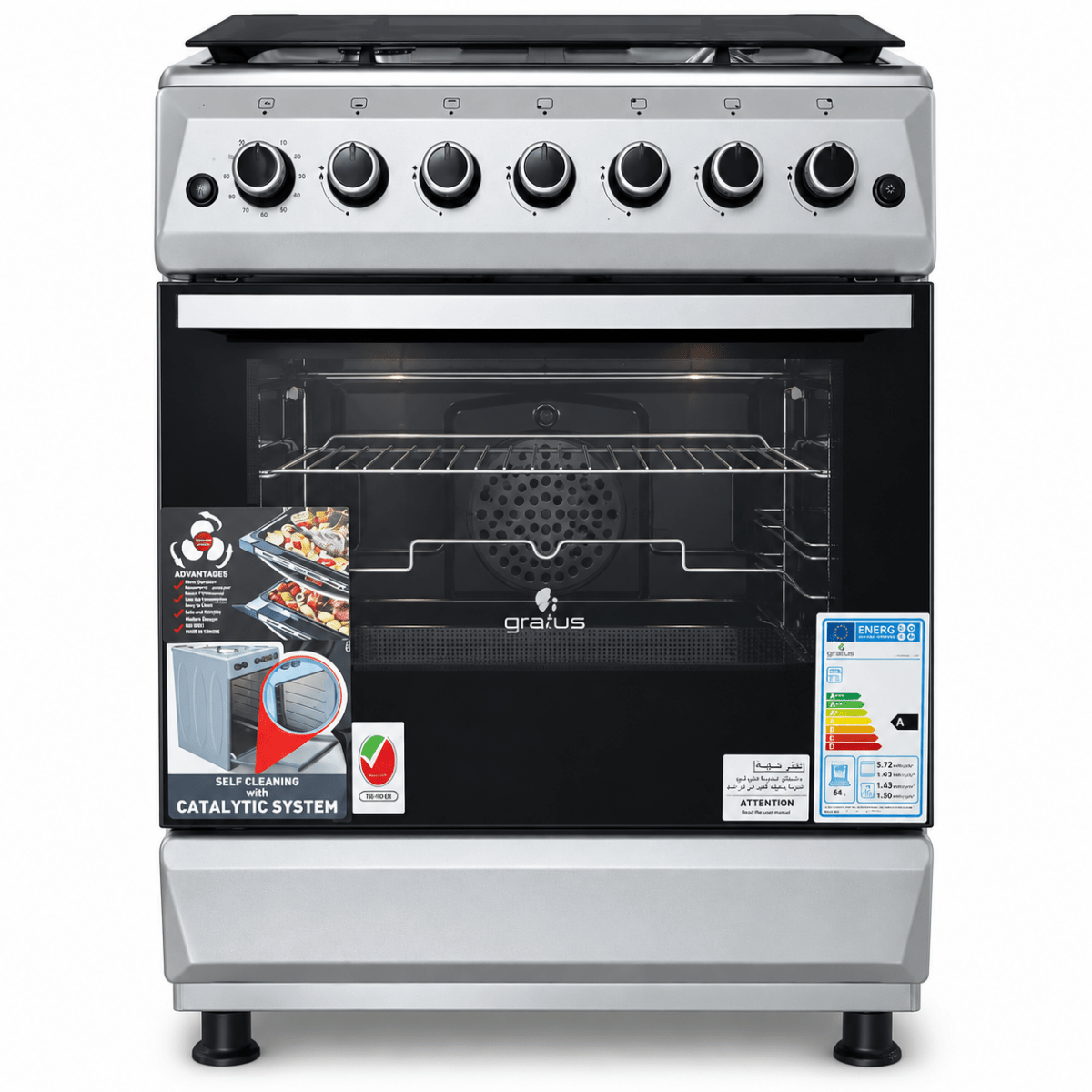 Gratus FCR604KTSS1 60 × 60 cm 4-Burner Full Gas Cooker with 64L Oven – Stainless Steel - Al Thahani Furniture