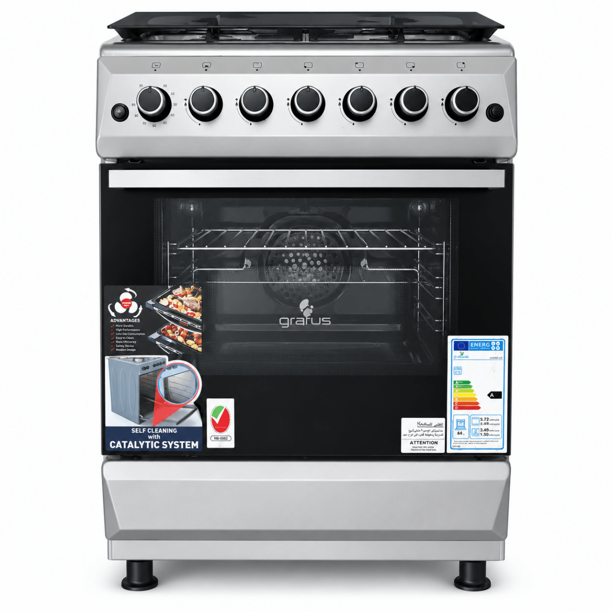 Gratus FCR604KTSS1 60 × 60 cm 4-Burner Full Gas Cooker with 64L Oven – Stainless Steel - Al Thahani Furniture