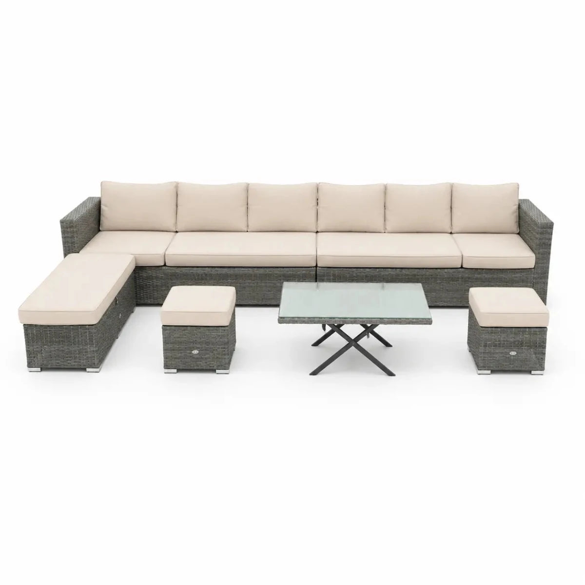 Grey Rattan 7-Piece Modular Outdoor Sectional Set | PE Rattan, Tempered Glass Table - used 1.5 Years - Al Thahani Furniture