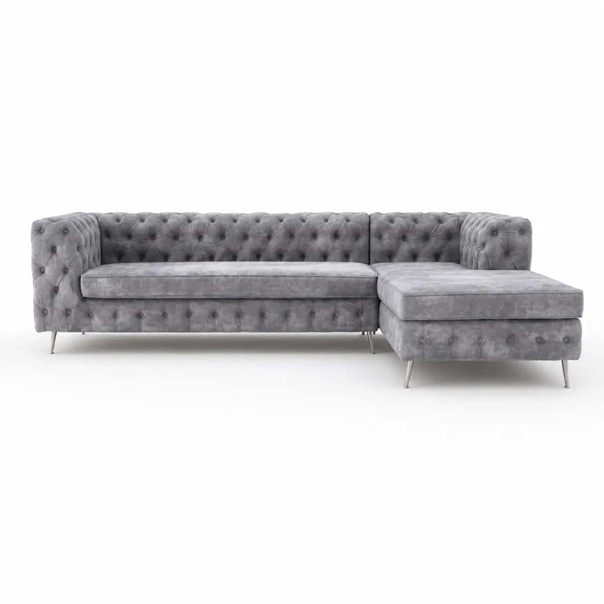Grey Velvet Chesterfield-Style L-Shaped Sectional Sofa | Button-Tufted - used 1 Year - Al Thahani Furniture