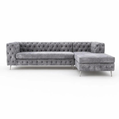 Grey Velvet Chesterfield-Style L-Shaped Sectional Sofa | Button-Tufted - used 1 Year - Al Thahani Furniture
