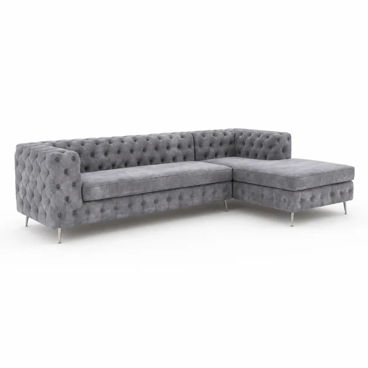 Grey Velvet Chesterfield-Style L-Shaped Sectional Sofa | Button-Tufted - used 1 Year - Al Thahani Furniture
