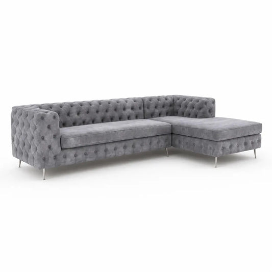 Grey Velvet Chesterfield-Style L-Shaped Sectional Sofa | Button-Tufted - used 1 Year - Al Thahani Furniture
