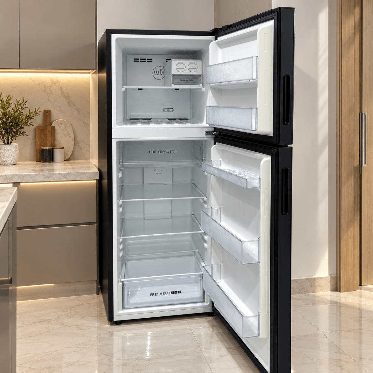 Haier HRF-468BS 357L Twin Inverter Top Mount Refrigerator – Black - Al Thahani Furniture