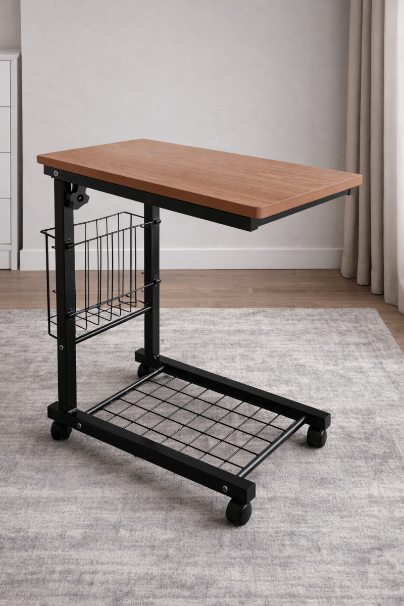 Height - Adjustable C - Shaped Side Table – Mobile Laptop Desk with Storage Basket - althahanifurniture