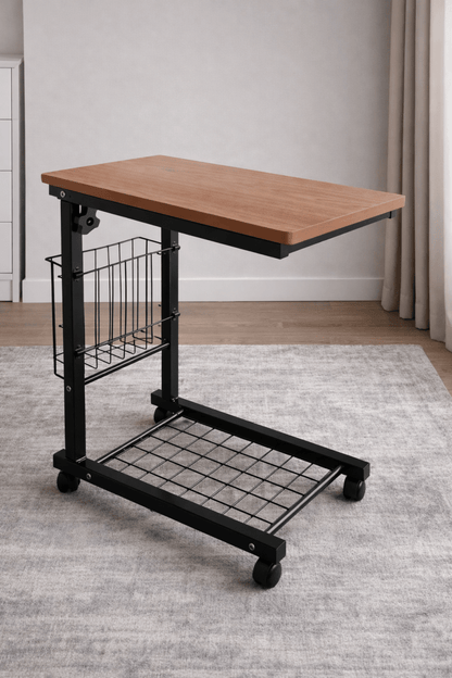 Height - Adjustable C - Shaped Side Table – Mobile Laptop Desk with Storage Basket - althahanifurniture