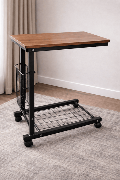 Height - Adjustable C - Shaped Side Table – Mobile Laptop Desk with Storage Basket - althahanifurniture