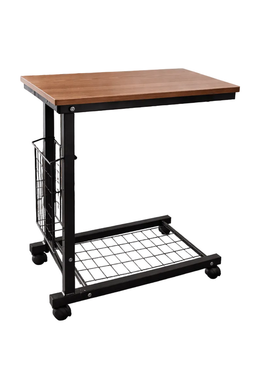 Height - Adjustable C - Shaped Side Table – Mobile Laptop Desk with Storage Basket - althahanifurniture