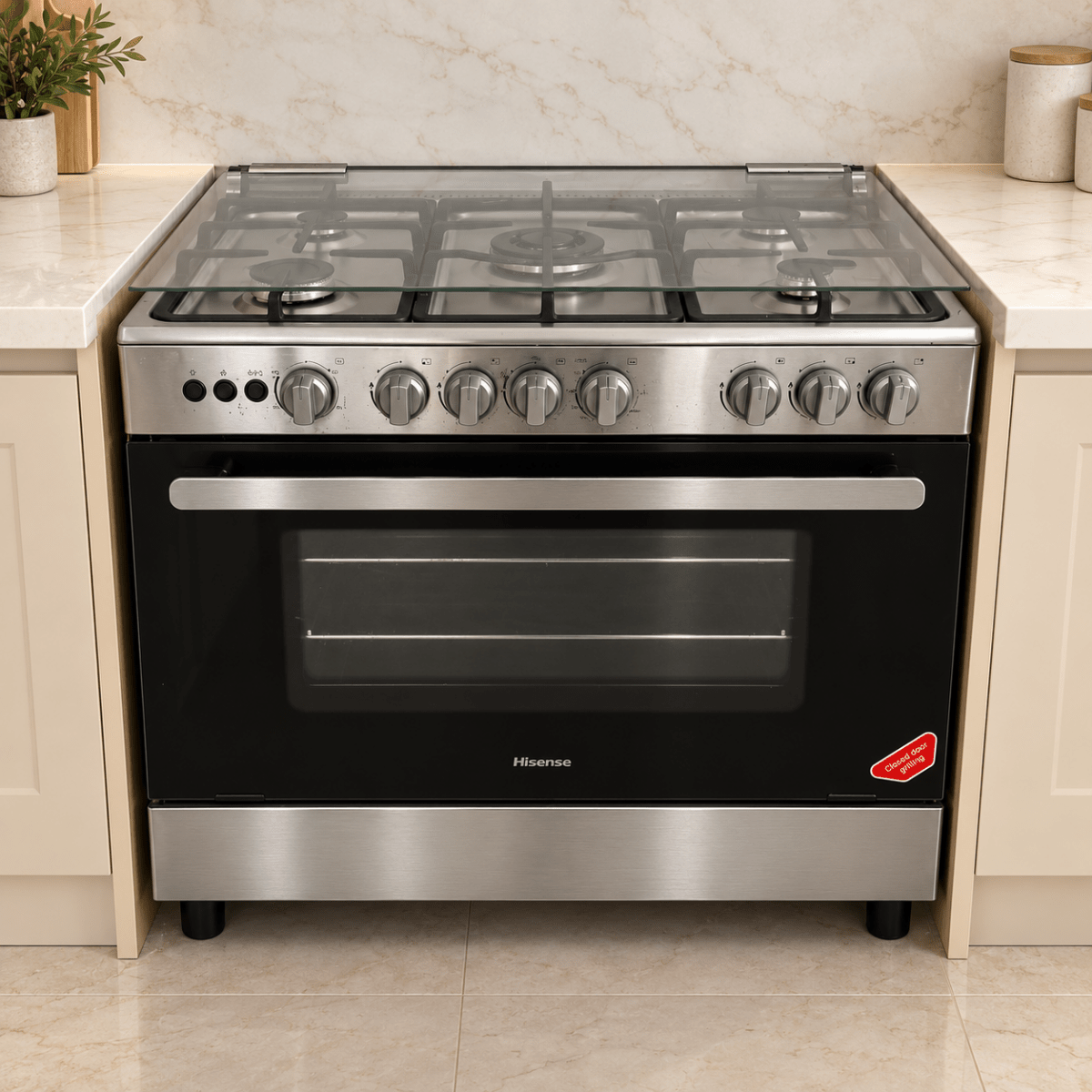 Hisense HFG90335RX 90 cm 5-Burner Freestanding Gas Cooker – Stainless Steel - Al Thahani Furniture