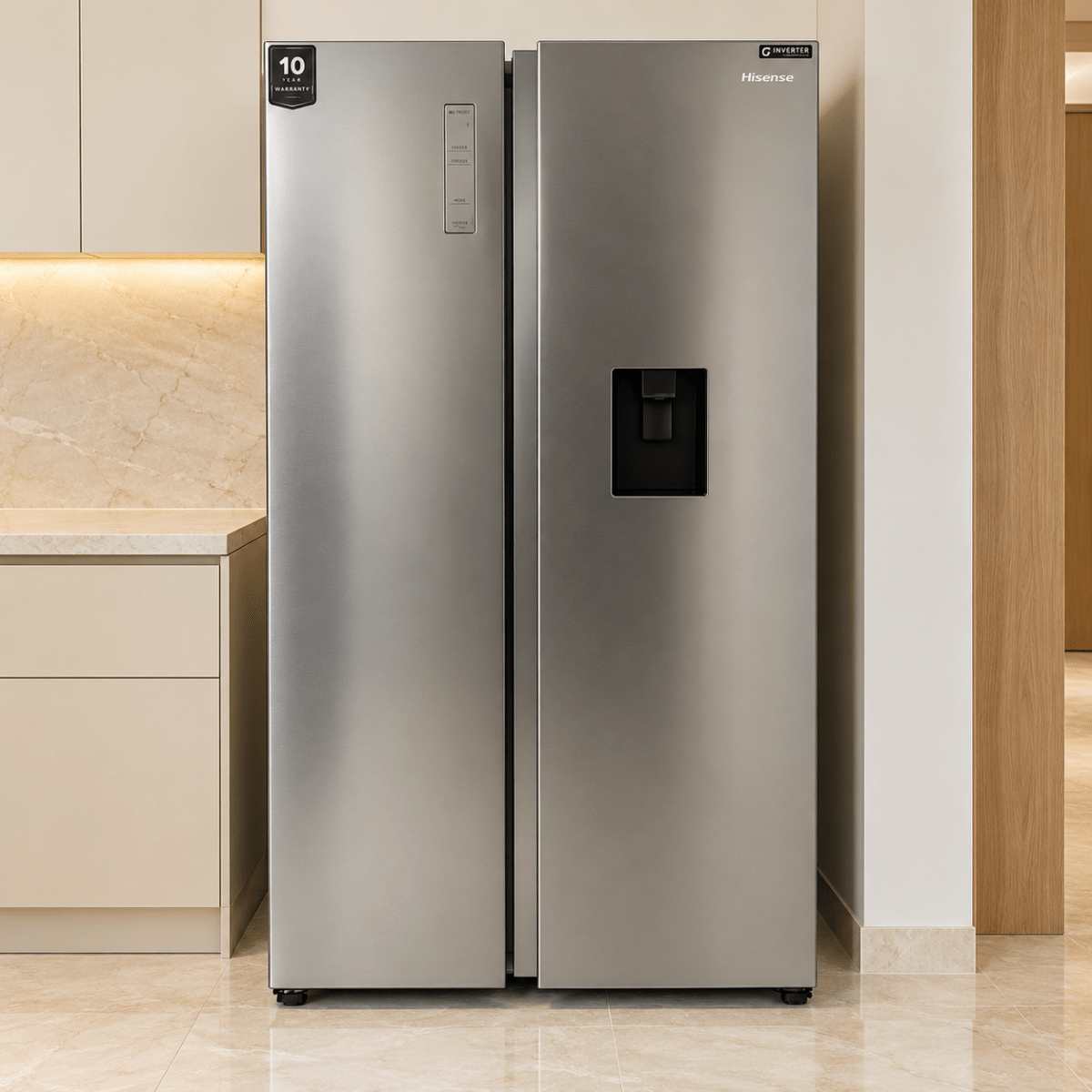 Hisense HS91518D3 670L Side-by-Side Inverter Refrigerator with Water Dispenser – Silver - Al Thahani Furniture
