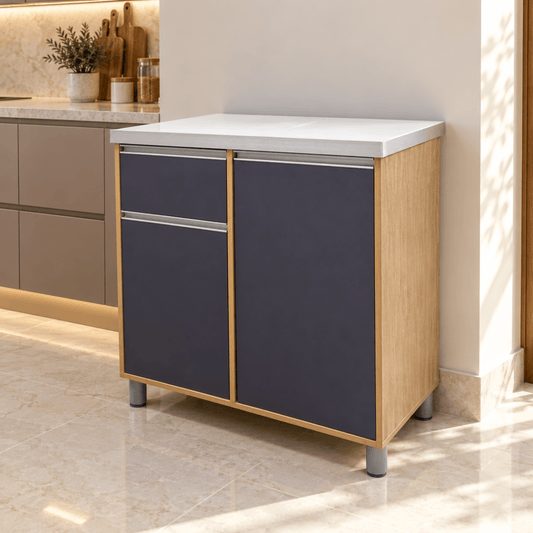 Home Box 2-Door Kitchen Cabinet with Drawer – Charcoal Grey & Oak Effect - Al Thahani Furniture