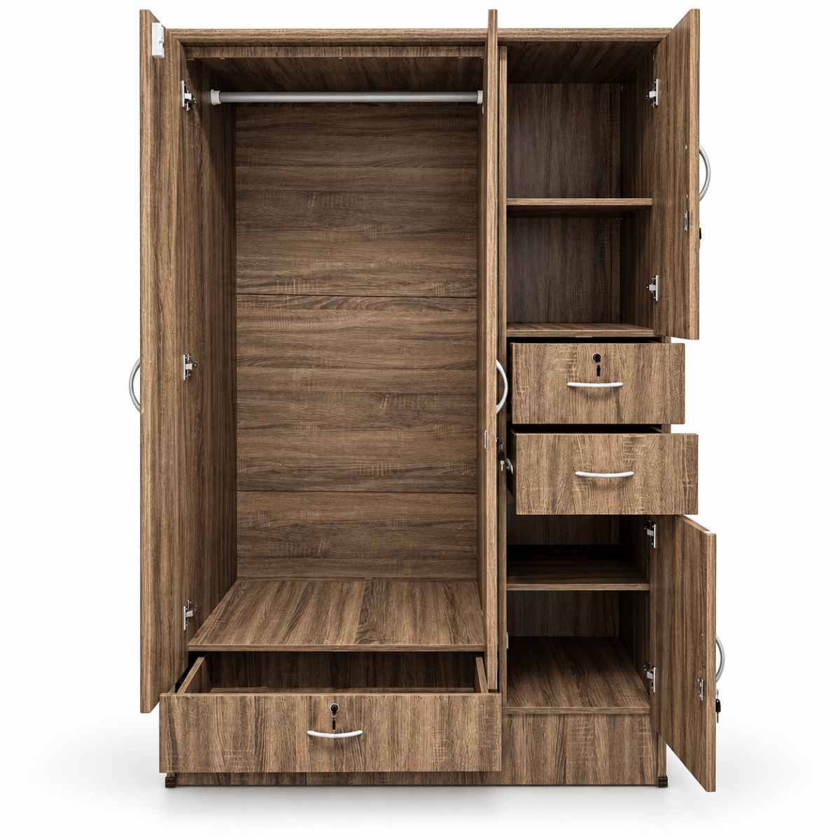 Home Box 3-Door Wardrobe with 3 Drawers, Hanging Rail & Shelves – Brown Wood Finish - Al Thahani Furniture