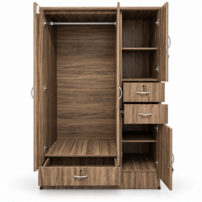 Home Box 3-Door Wardrobe with 3 Drawers, Hanging Rail & Shelves – Brown Wood Finish - Al Thahani Furniture