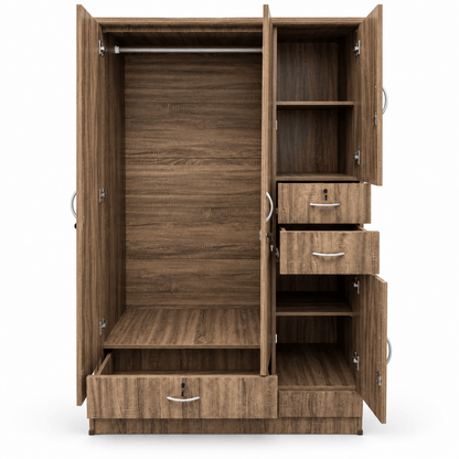 Home Box 3-Door Wardrobe with 3 Drawers, Hanging Rail & Shelves – Brown Wood Finish - Al Thahani Furniture