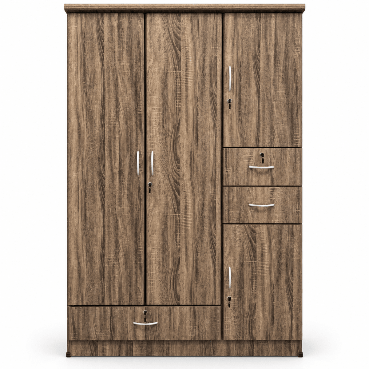 Home Box 3-Door Wardrobe with 3 Drawers, Hanging Rail & Shelves – Brown Wood Finish - Al Thahani Furniture