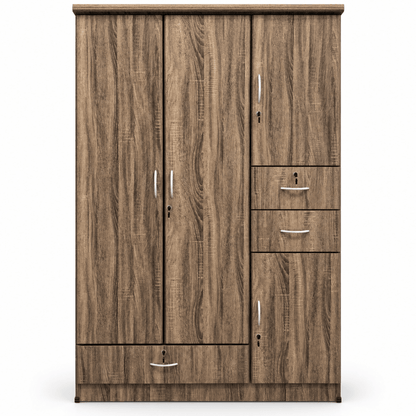 Home Box 3-Door Wardrobe with 3 Drawers, Hanging Rail & Shelves – Brown Wood Finish - Al Thahani Furniture