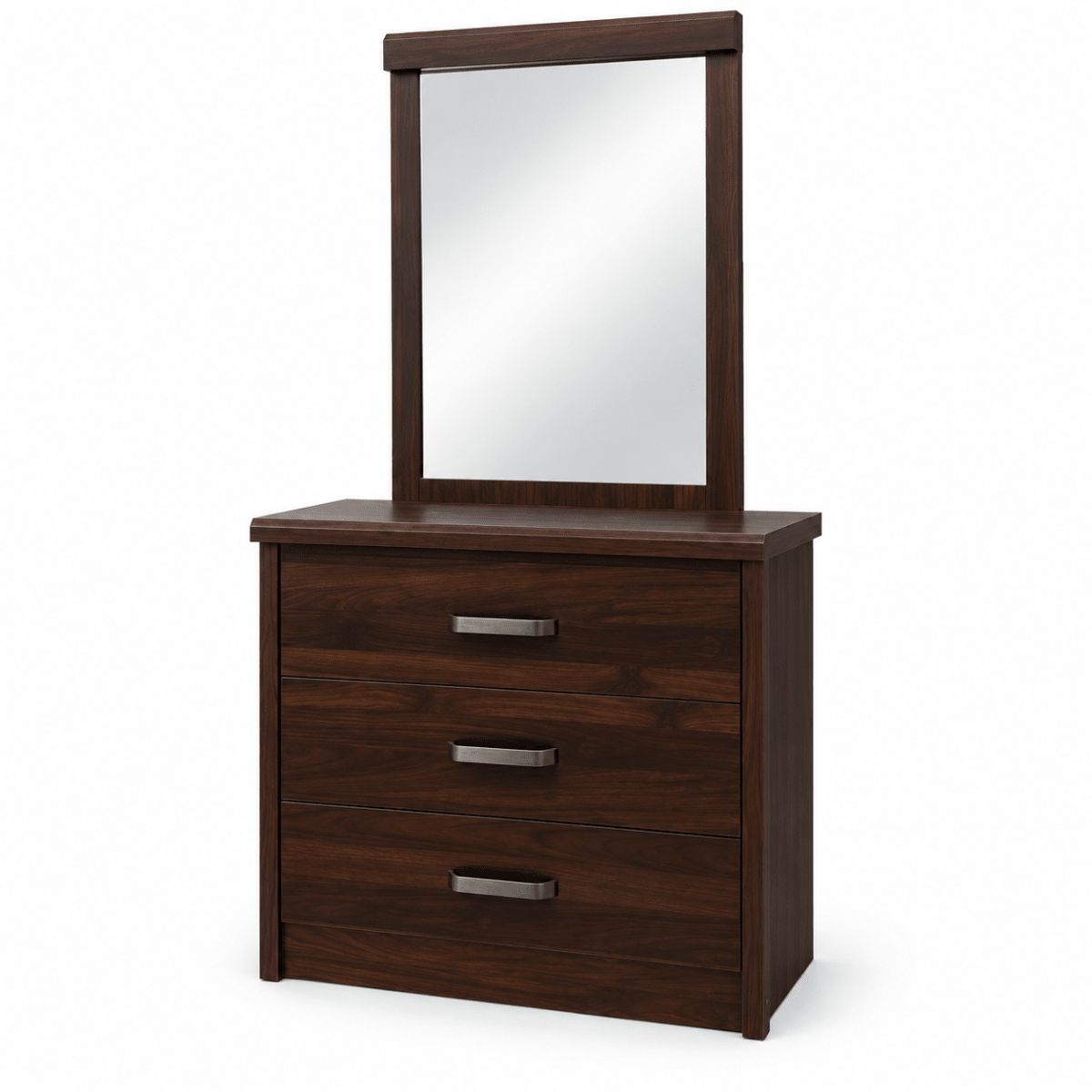 Home Box 3-Drawer Dresser with Mirror – Dark Brown Wood Finish - Al Thahani Furniture