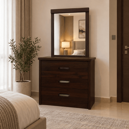 Home Box 3-Drawer Dresser with Mirror – Dark Brown Wood Finish - Al Thahani Furniture