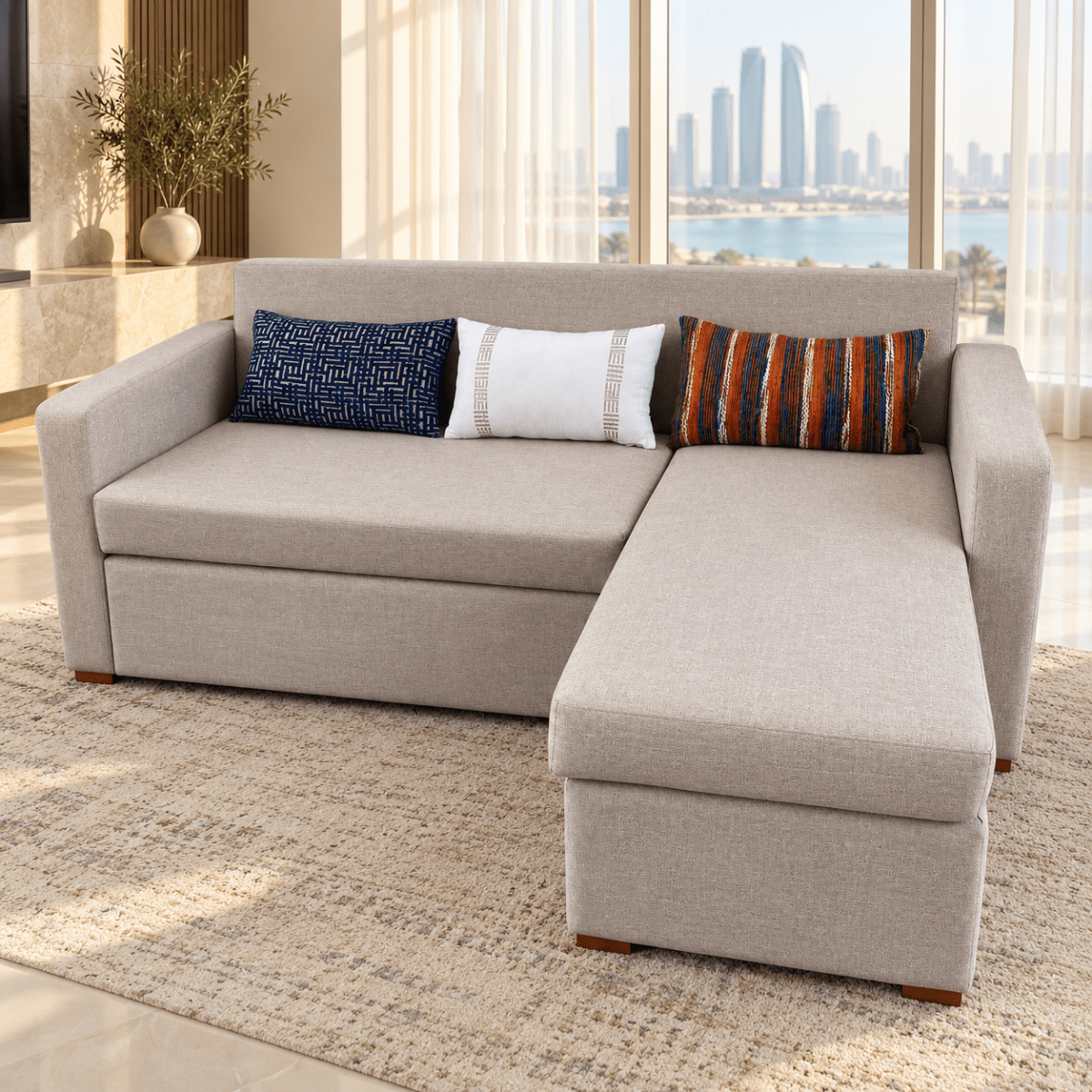 Home Box 3-Seater L-Shaped Fabric Sofa with Right Chaise – Light Grey - Al Thahani Furniture