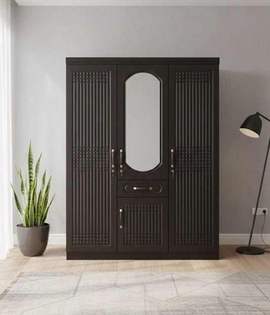 Home Box 3‑Door Wardrobe | Dark Brown Engineered Wood | Central Full‑Length Mirror | Integrated Drawer - althahanifurniture
