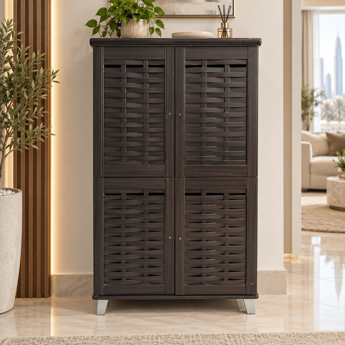 Home Box 4-Door Shoe Cabinet with Woven Design – Dark Brown - Al Thahani Furniture