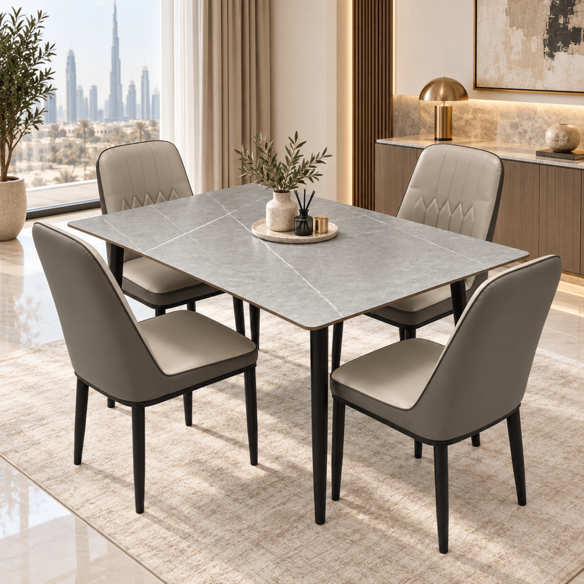 Home Box 4-Seater Dining Set with Grey Marble-Effect Table & Upholstered Chairs – 120 cm - Al Thahani Furniture