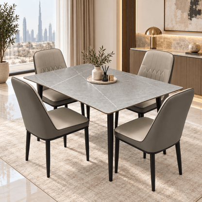 Home Box 4-Seater Dining Set with Grey Marble-Effect Table & Upholstered Chairs – 120 cm - Al Thahani Furniture