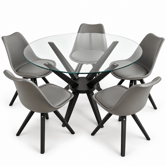 Home Box 4-Seater Round Glass Dining Set with Grey Chairs – Black - Al Thahani Furniture