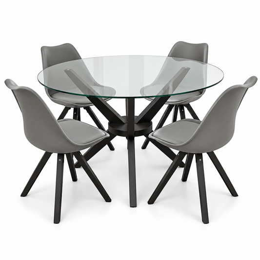 Home Box 4-Seater Round Glass Dining Set with Grey Chairs – Black - Al Thahani Furniture