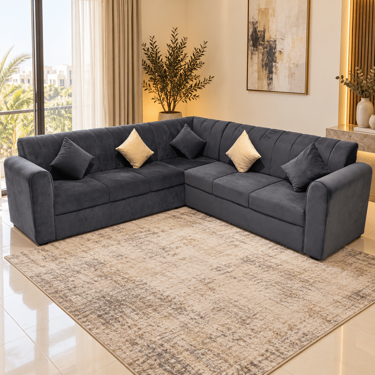 Home Box 5-Seater L-Shaped Velvet Corner Sofa – Charcoal Grey - Al Thahani Furniture