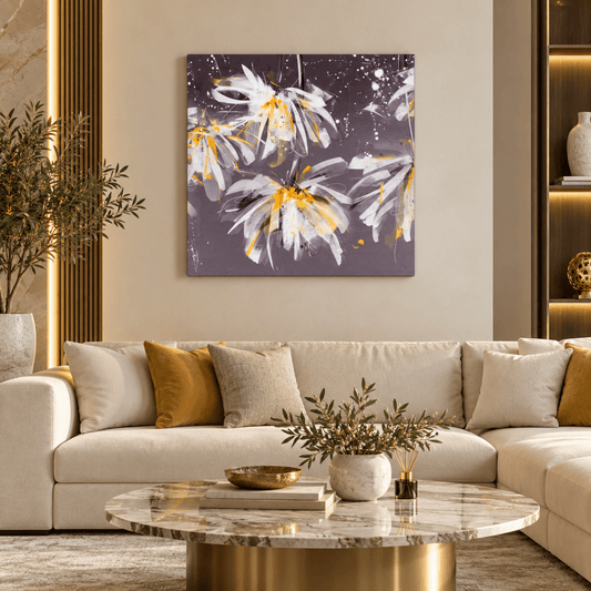 Home Box Abstract Floral Canvas Wall Art – Grey, White & Yellow - Al Thahani Furniture