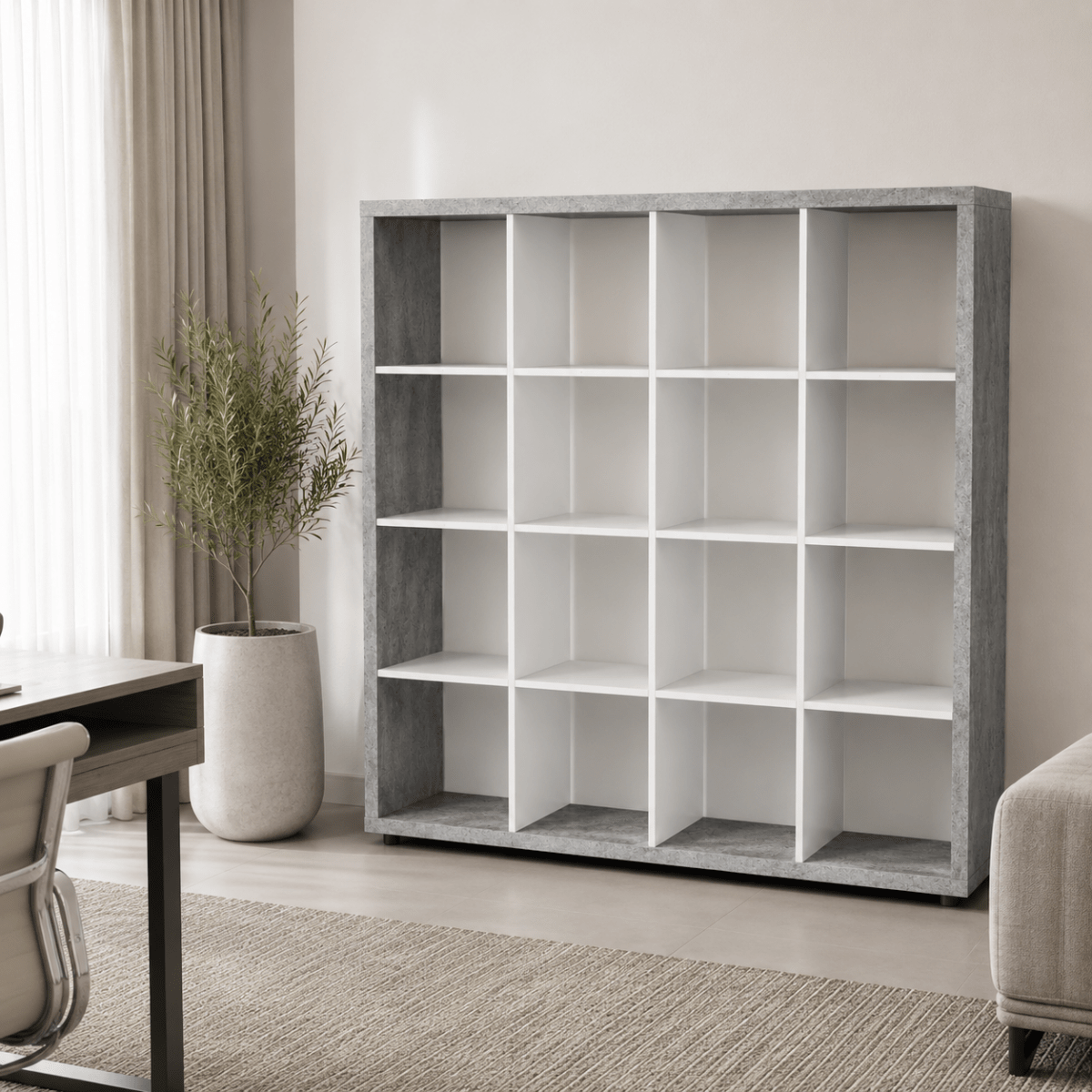 Home Box Alford Patara 16-Cube Divider Bookcase – White &amp; Concrete Grey - Al Thahani Furniture