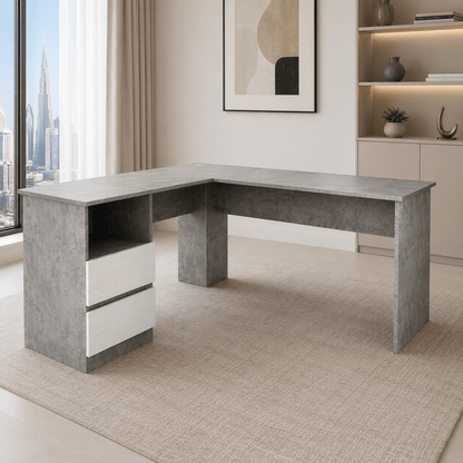 Home Box Alford Patara L-Shaped Corner Study Desk with 2 Drawers – Grey - Al Thahani Furniture