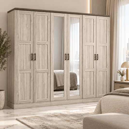 Home Box Angelic 6-Door Wardrobe with Mirror & 3 Drawers – 257 cm – Light Wood - Al Thahani Furniture