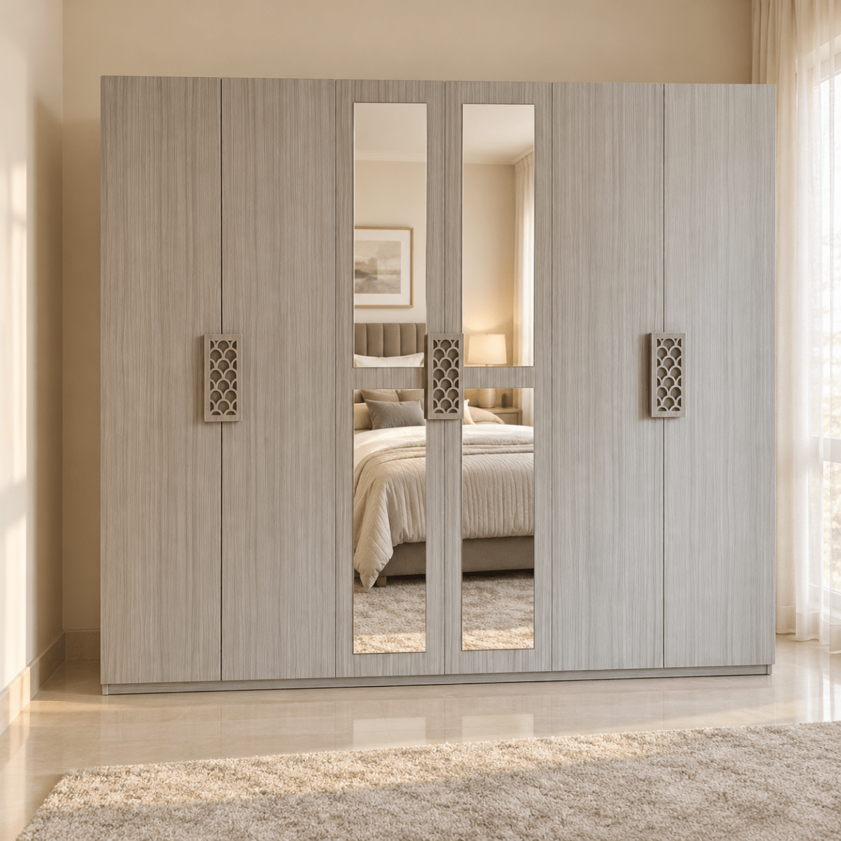Home Box Angelic 6-Door Wardrobe with Mirrors – Beige – 240 × 55 × 208 cm - Al Thahani Furniture