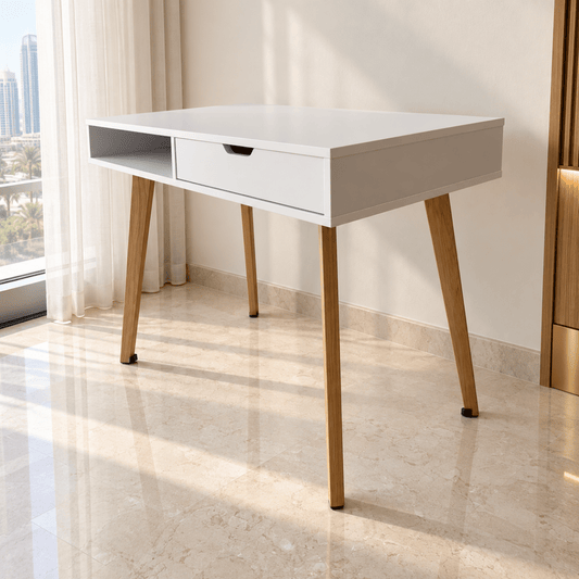 Home Box Bianca Londrina Study Desk with Drawer &amp; Open Shelf – 90 cm – White & Natural Wood - Al Thahani Furniture