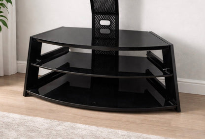 Home Box Black TV Unit – Modern, Glass Shelves, Metal Frame, Supports TVs up to 75 - althahanifurniture
