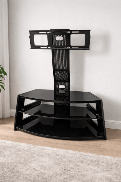 Home Box Black TV Unit – Modern, Glass Shelves, Metal Frame, Supports TVs up to 75 - althahanifurniture