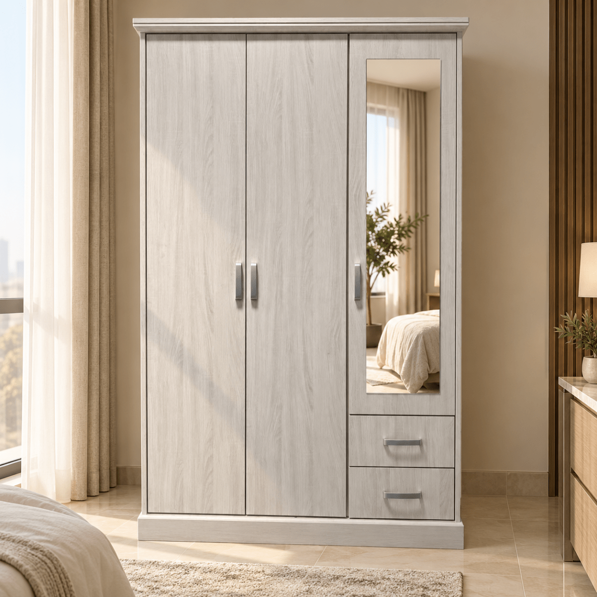 Home Box Blair 3-Door Wardrobe with Mirror & 2 Drawers – Light Beige - Al Thahani Furniture