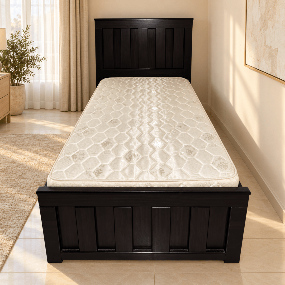 Home Box Classic Espresso Black Single Wooden Bed with Mattress – 90 × 190 cm - Al Thahani Furniture