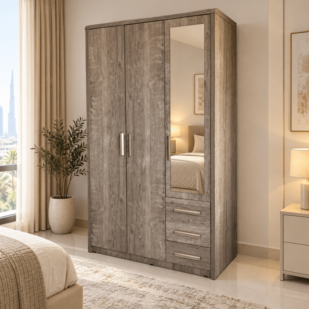 Home Box Curvy 3-Door Wardrobe with Mirror & 3 Drawers – Brown - Al Thahani Furniture