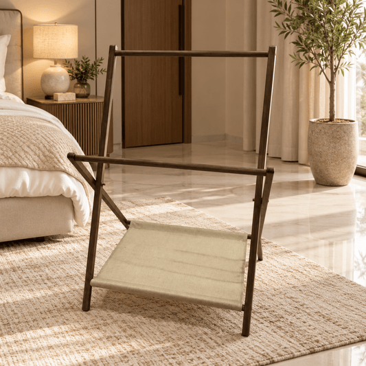 Home Box Daniel Valet Stand with Fabric Shelf – Brown & Beige – 50 × 28 × 118 cm - Al Thahani Furniture