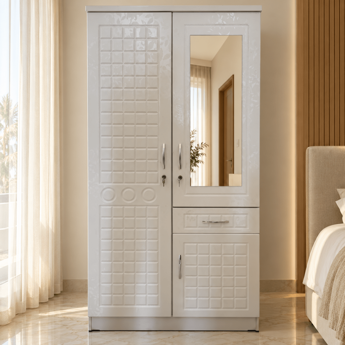 Home Box Glossy White 2-Door Wardrobe with Mirror, Drawer & Storage Cabinet - Al Thahani Furniture