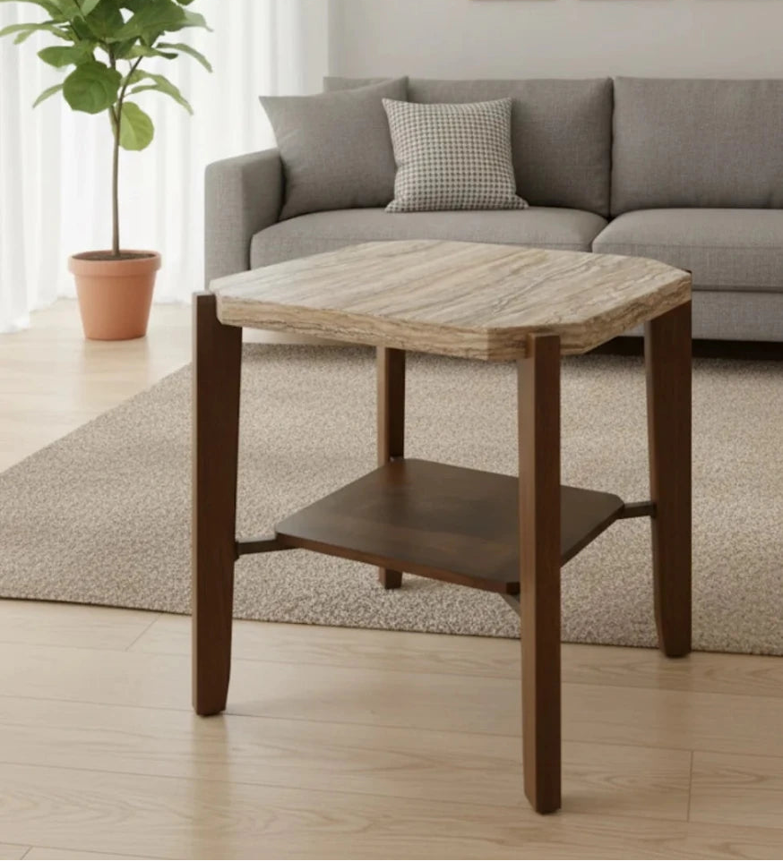 Home Box Hexagonal Side Table | Faux Marble Top & Wood Base - althahanifurniture