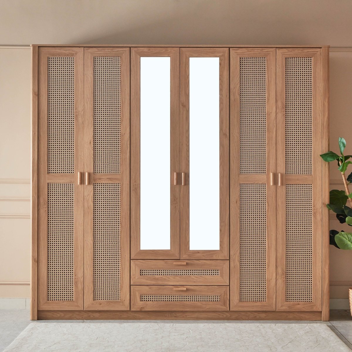 Home Box Java 6-Door Wardrobe with 2 Mirrors | Brown Rattan-Style Finish - Al Thahani Furniture