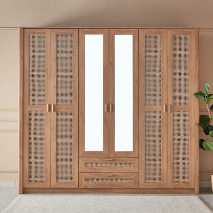Home Box Java 6-Door Wardrobe with 2 Mirrors | Brown Rattan-Style Finish - Al Thahani Furniture