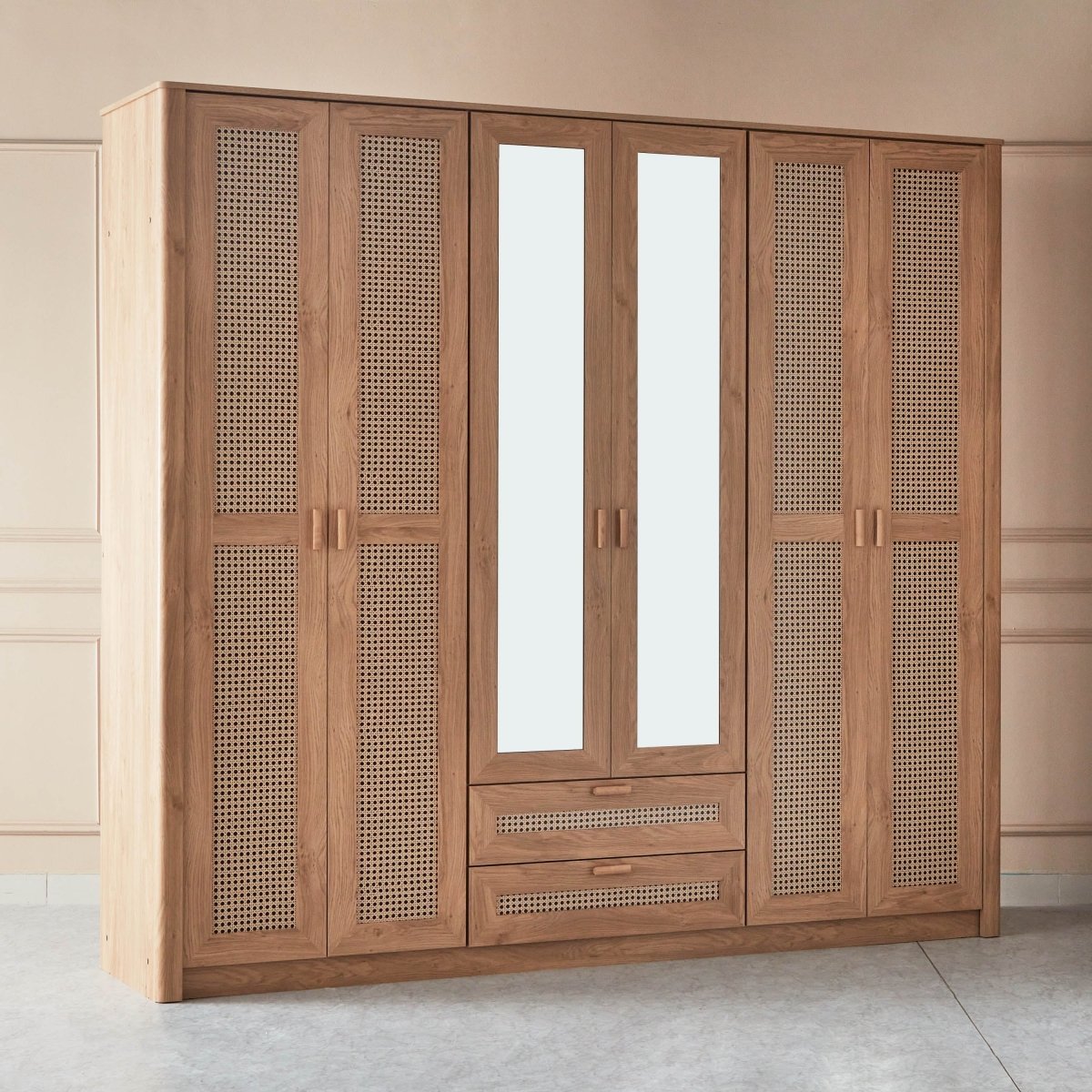 Home Box Java 6-Door Wardrobe with 2 Mirrors | Brown Rattan-Style Finish - Al Thahani Furniture