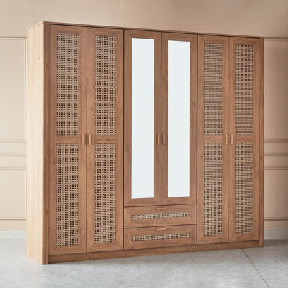 Home Box Java 6-Door Wardrobe with 2 Mirrors | Brown Rattan-Style Finish - Al Thahani Furniture