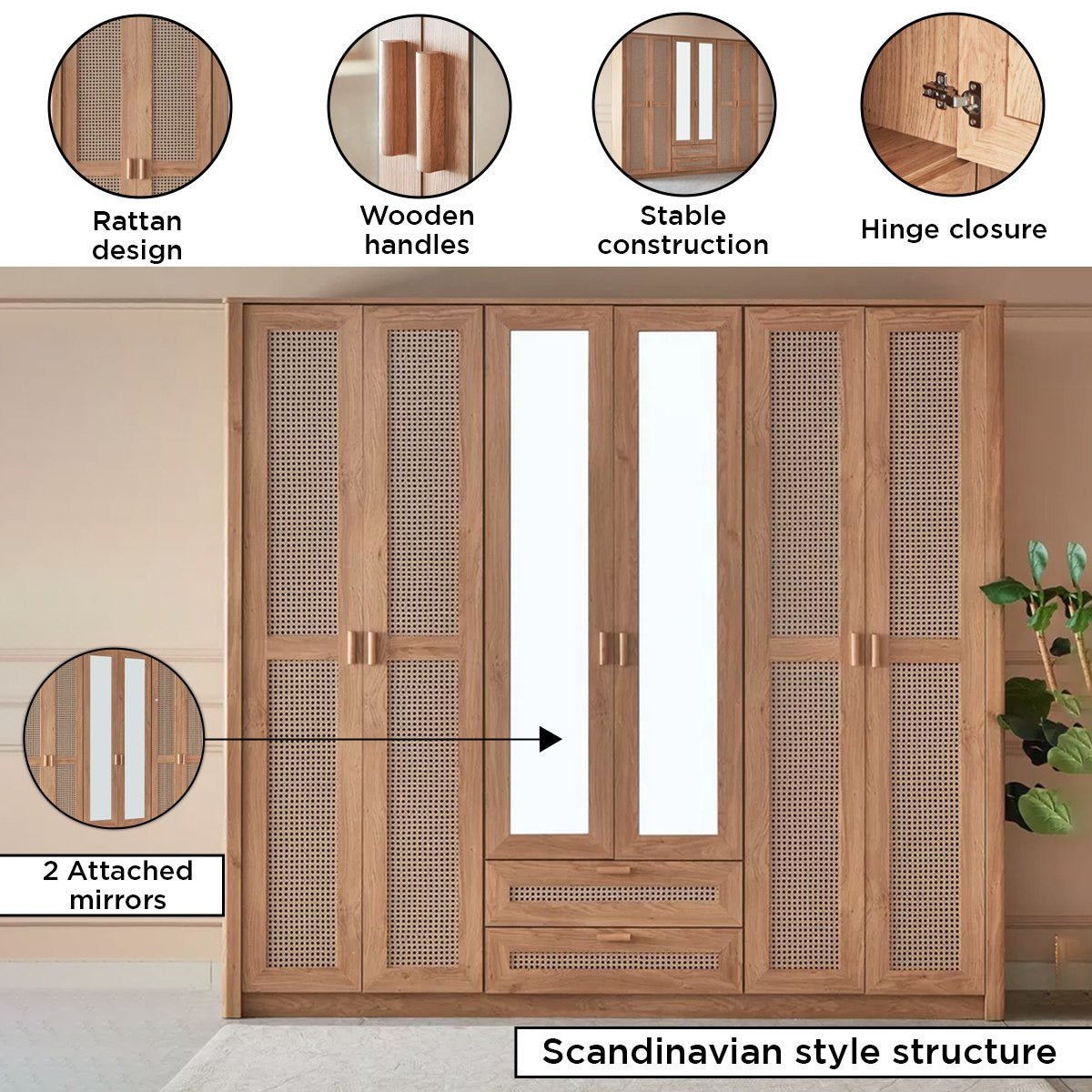 Home Box Java 6-Door Wardrobe with 2 Mirrors | Brown Rattan-Style Finish - Al Thahani Furniture